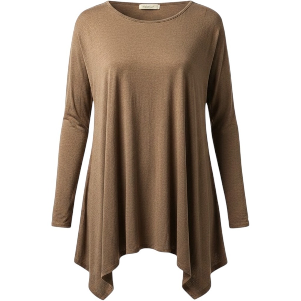 Masseys Lagenlook Handkerchief Tunic Top Womens L Long Fairy Hem Sharkbite Brown